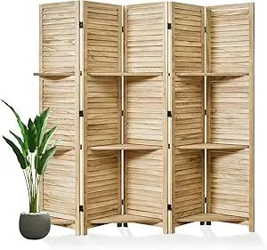 Room Divider with Shelves, 5.6 Ft Tall Folding Wood Screen