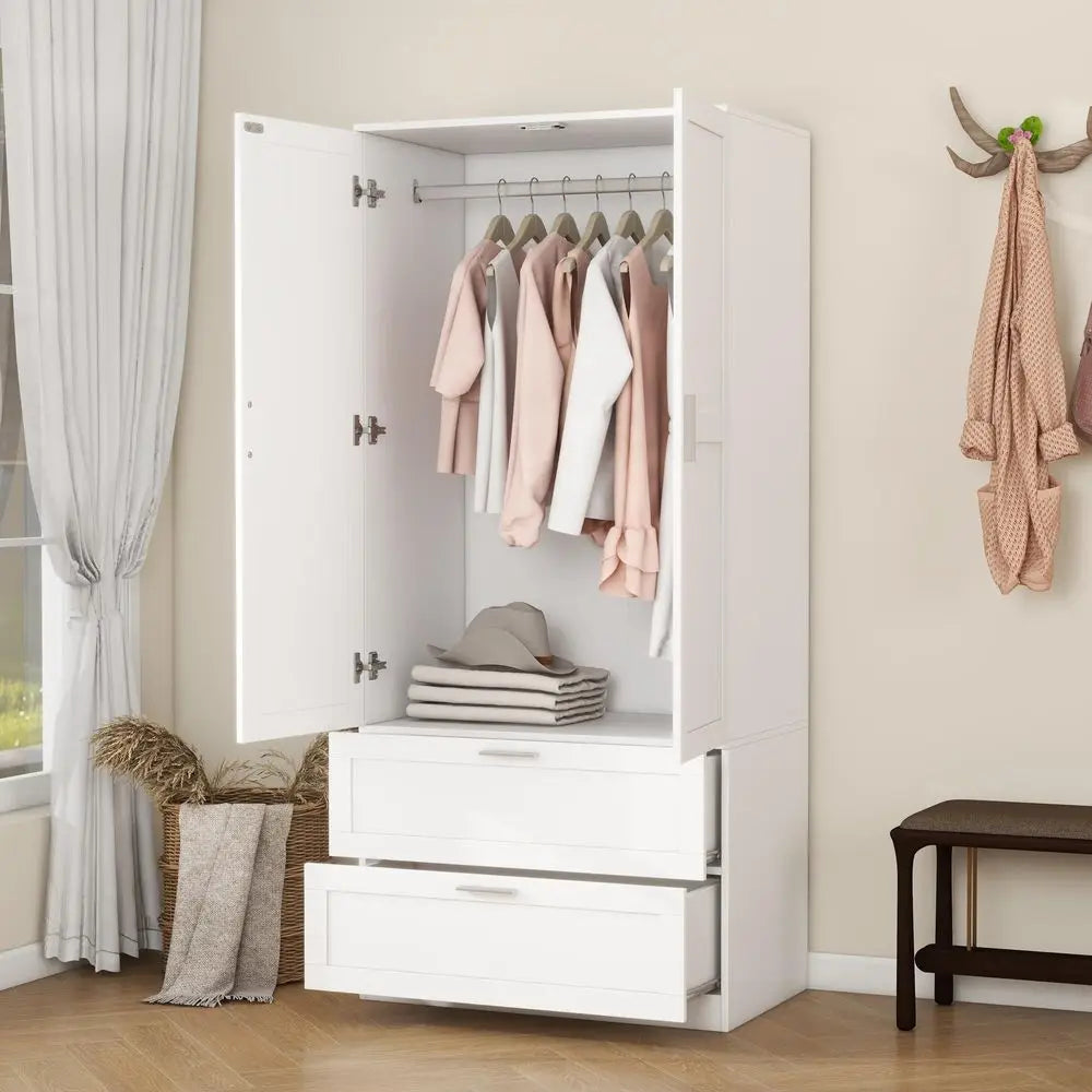 Modern 2 Doors 2 Drawers Bedroom Armoires Wardrobe Clothes Storage Closet with Hanging Rod, Wooden Bedroom Freestanding Wardrob