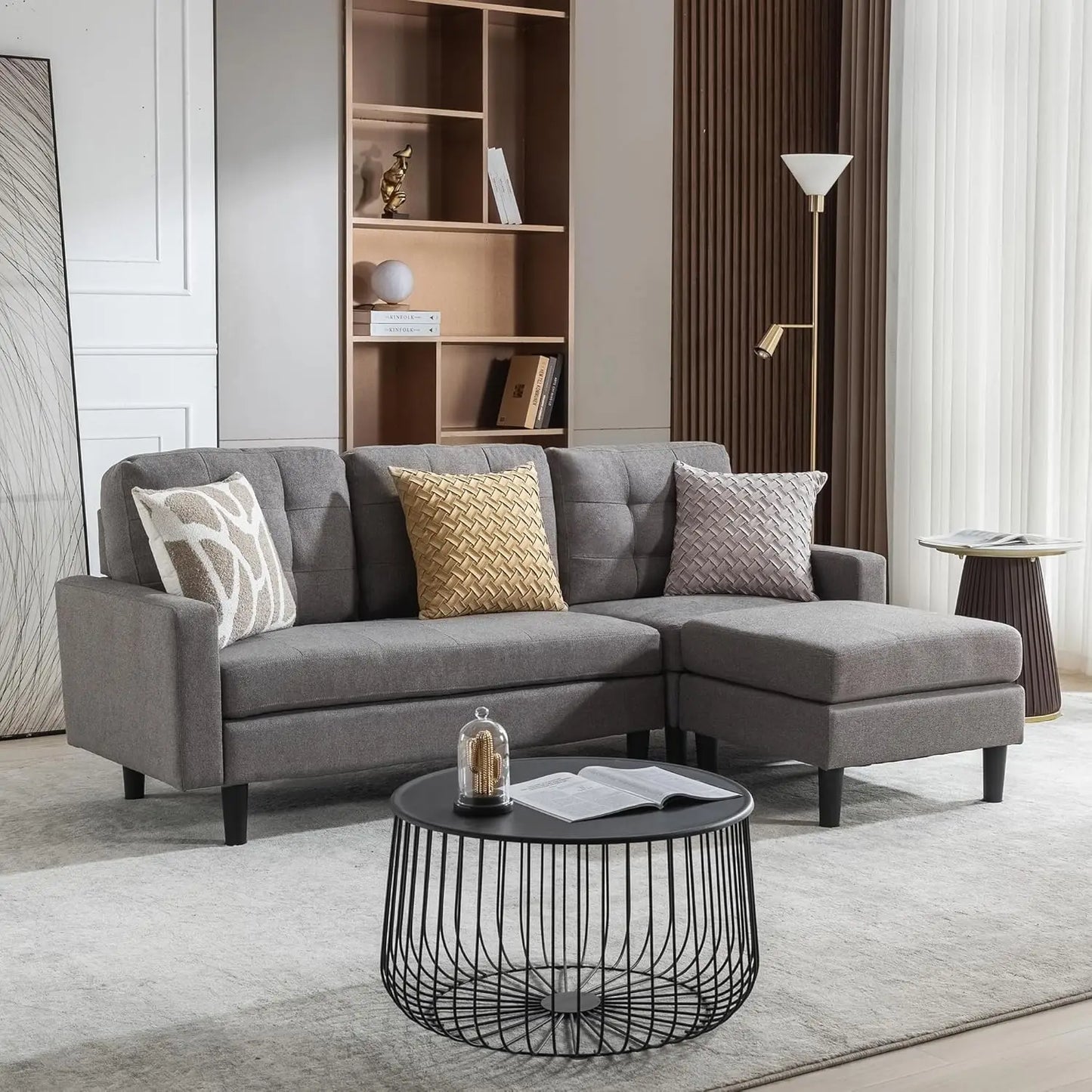Modern L-Shaped Convertible Sofa with Reversible Chaise in Grey Linen Fabric for Living Room, Apartment, or Office