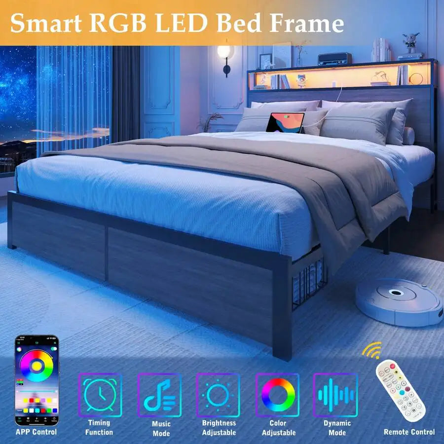 Queen & Full Bed Frame With Storage, 2-Tier Storage Headboard & Built-In Drawers, Metal Platform Bed With USB Charging Station & LED Lights, Noise Free, No Box Spring Needed, Easy Assembly,Rustic Grey