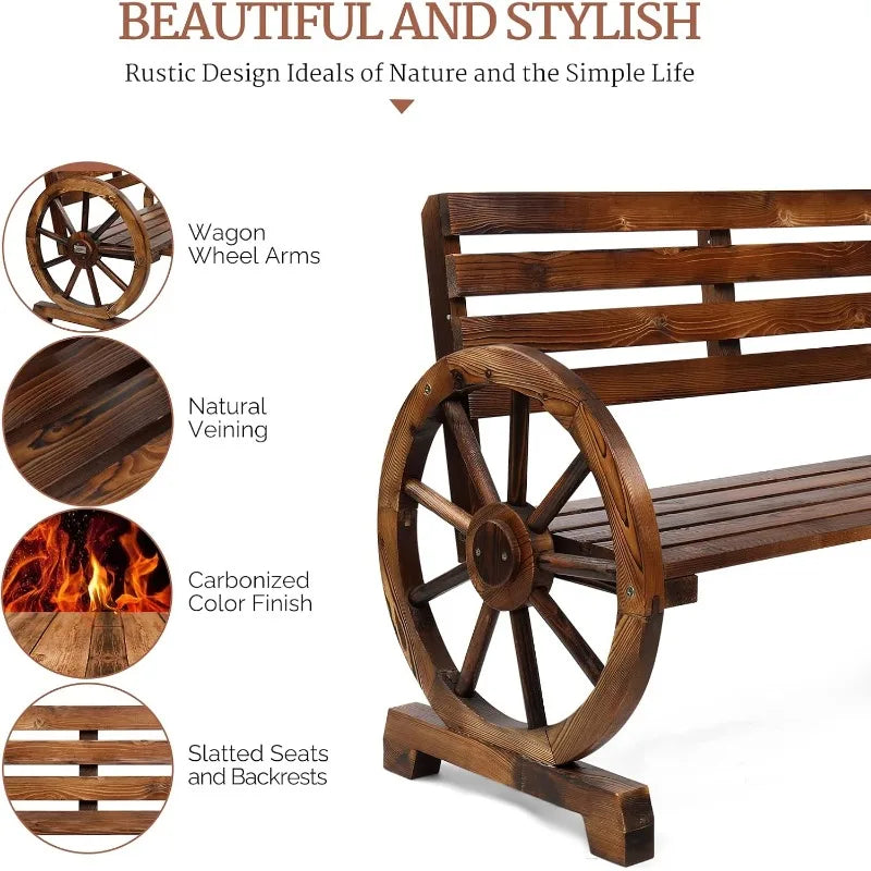 41 Inch Rustic Wooden Wheel Bench Outdoor 2 Person High Capacity