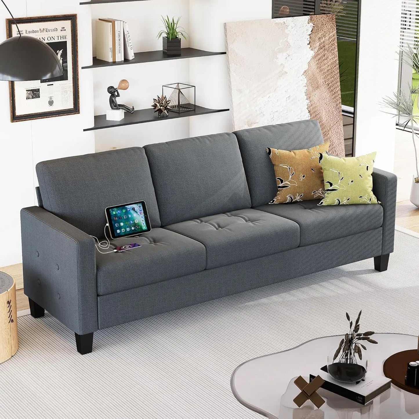 Modern Faux Leather Office Sofa With Tufted Arms USB