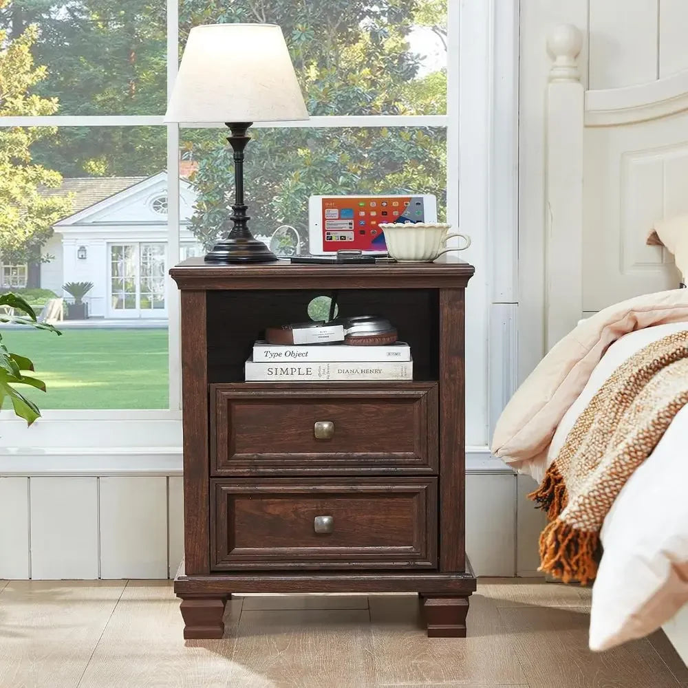 armhouse Nightstand Set o 2 with Charging Station, Rustic Brown Nightstand, 2 Ders End Table, Bede Table with Open Shel or Bedro