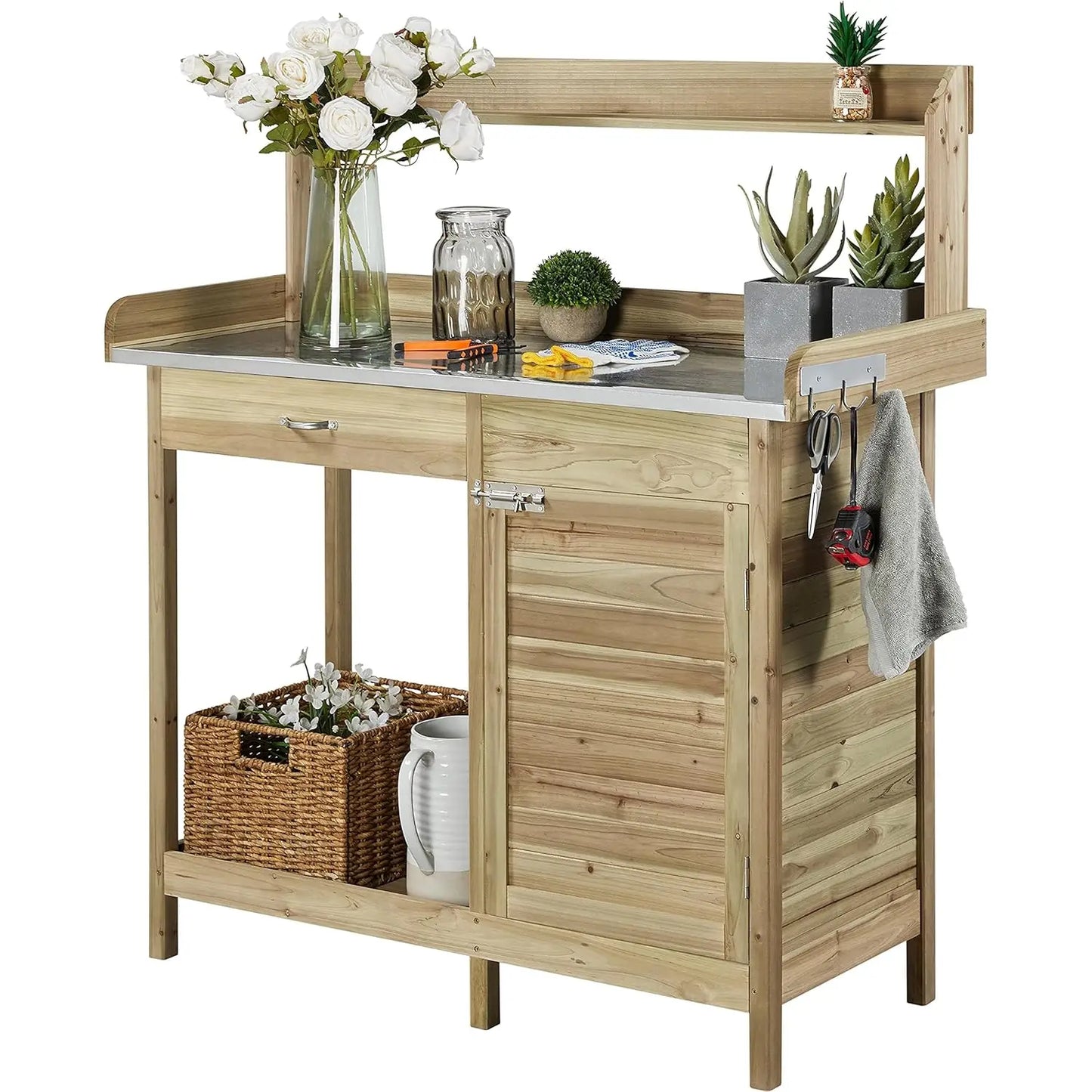 Outdoor Garden Workbench, Garden Worktable with Metal Tabletop, Cabinet Drawers, Open Countertop, Customizable