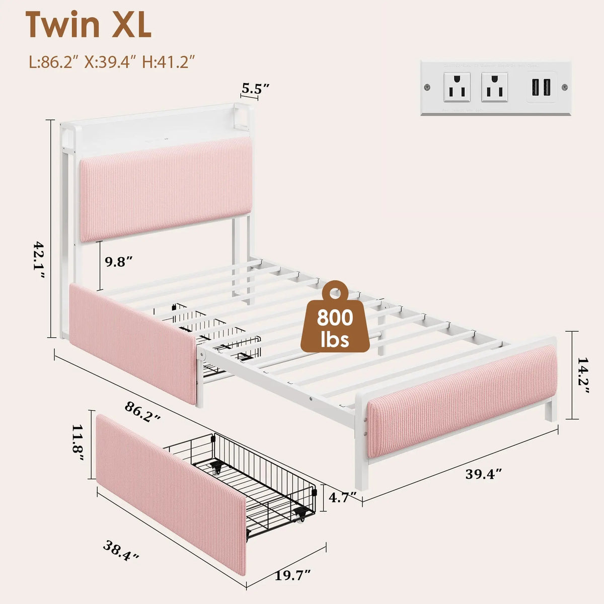 Mid Century Modern Platform Bed Frame With Charging Station