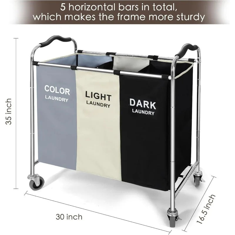 Laundry Basket with Wheels 240l Hamper 3 Section Bag