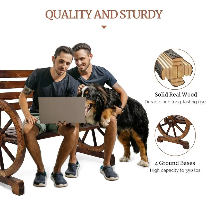 41 Inch Rustic Wooden Wheel Bench Outdoor 2 Person High Capacity