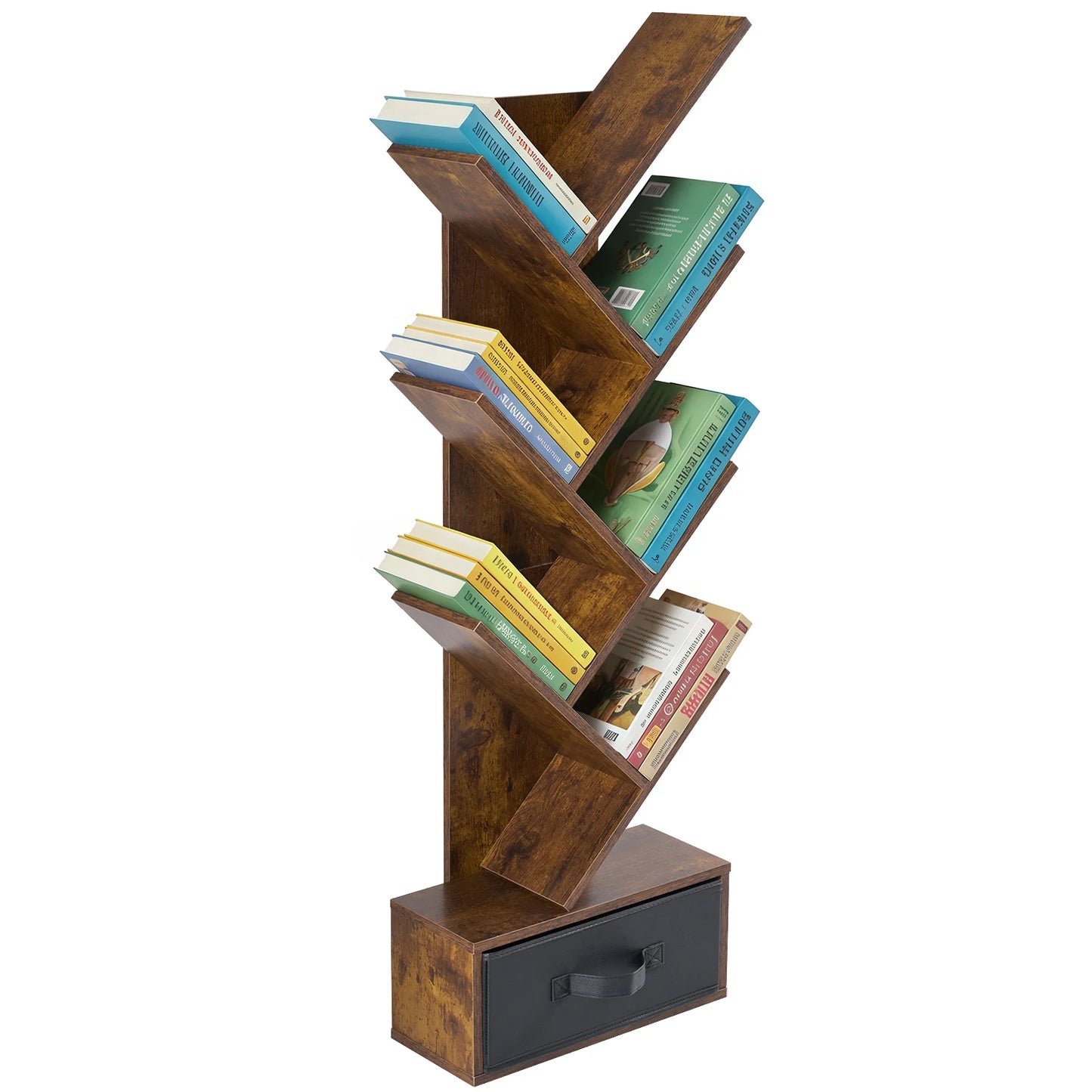 MCQ 7-Tier Tree Bookshelf with Drawer 43IN Wooden Narrow Slim Corner Bookshelf for Small Spaces Geometric Wooden Book Rack