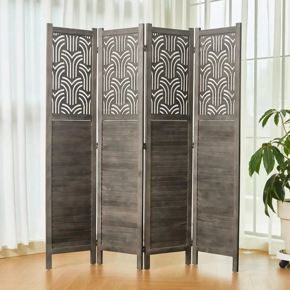 Folding Room Divider, 66.9 Inch 4 Panels Wood Carved Privacy Screens, Free Assembled Freestanding Portable Separation Wall for