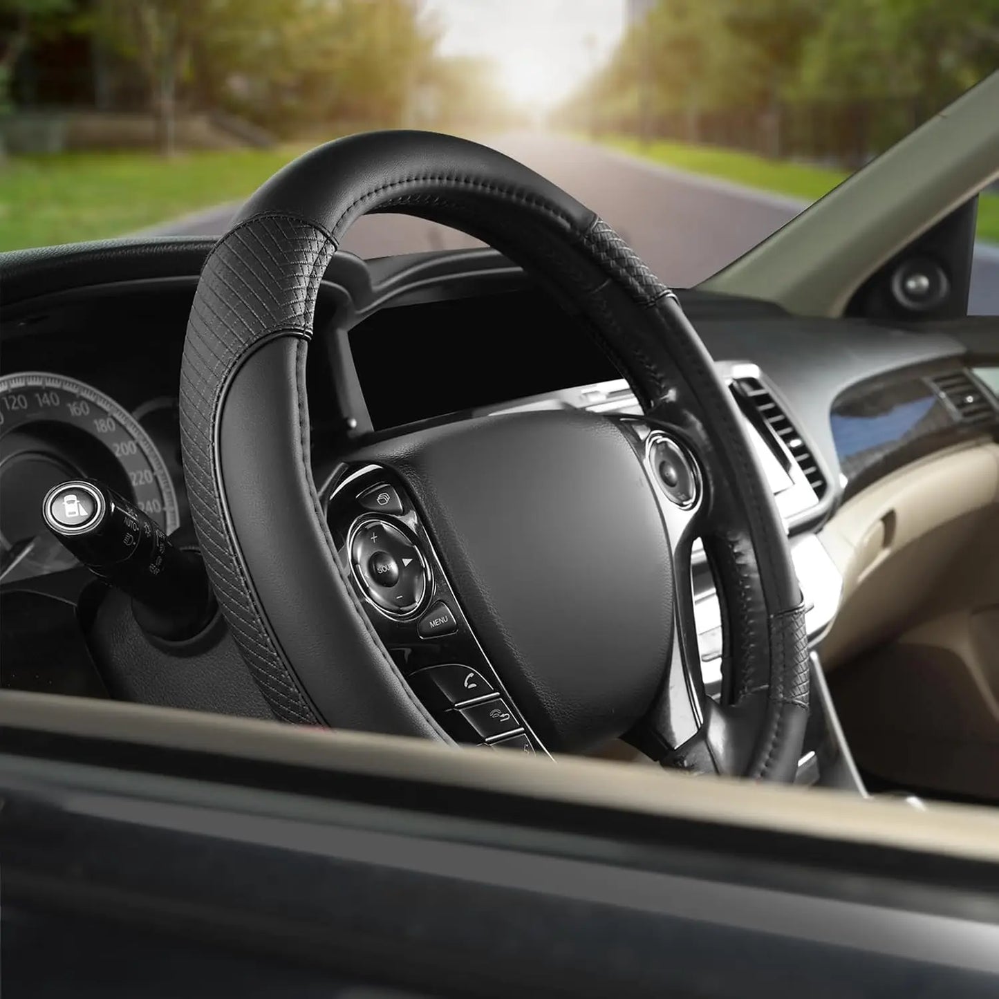 Diamond-Pattern Microfiber Leather Steering Wheel Cover for Honda Accord, Civic, CR-V, HR-V, Pilot - Black Standard Size