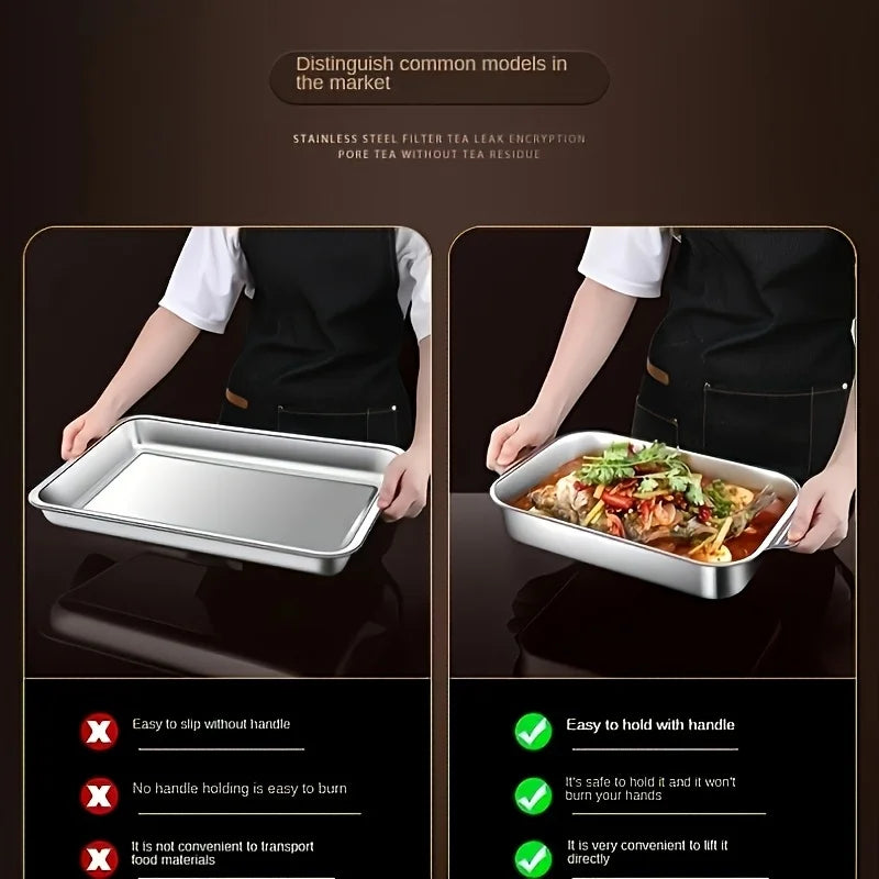 Stainless steel baking tray set, 1 large deep baking tray, non-stick, non-electric, multifunctional baking tray with handles