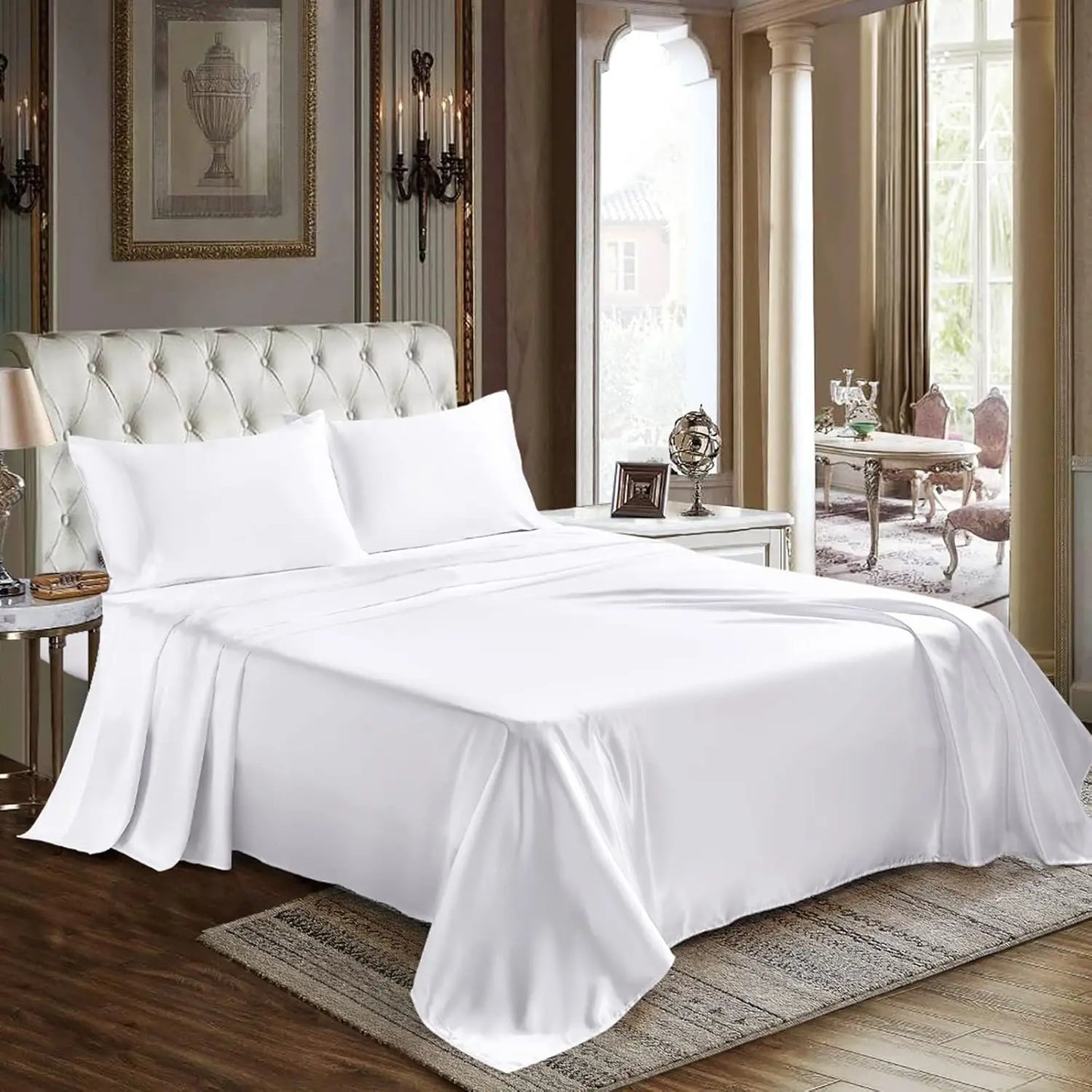 Satin Sheets Queen Size 4 Piece Bed Sheet Set with Silky Deep Pocket Fitted Sheet Flat Sheet and 2 Pillowcases