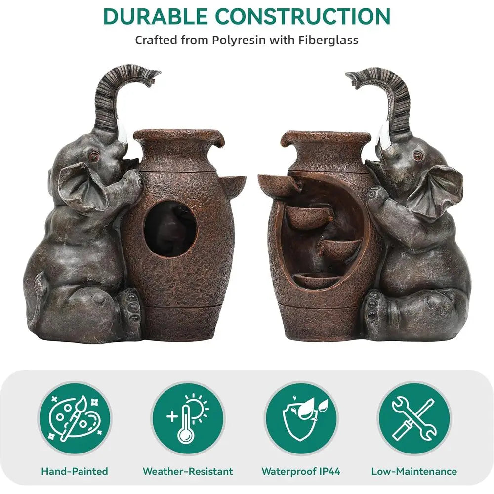 19" H Elephant Jar Outdoor Water ountain, Rustic armhouse Water eature with Tranquil Cascading Waterall, Relaxing Garden Patio Y