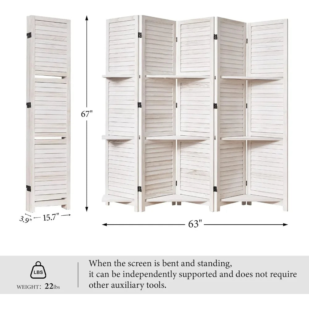 Room Divider with Shelves, 5.6 Ft Tall Folding Wood Screen