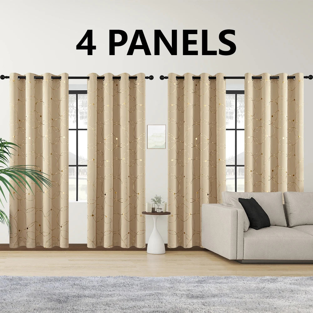 4PCS Blackout Curtains Grommet Thermal Insulated Room Darkening With Circle And Dots Foil Printed