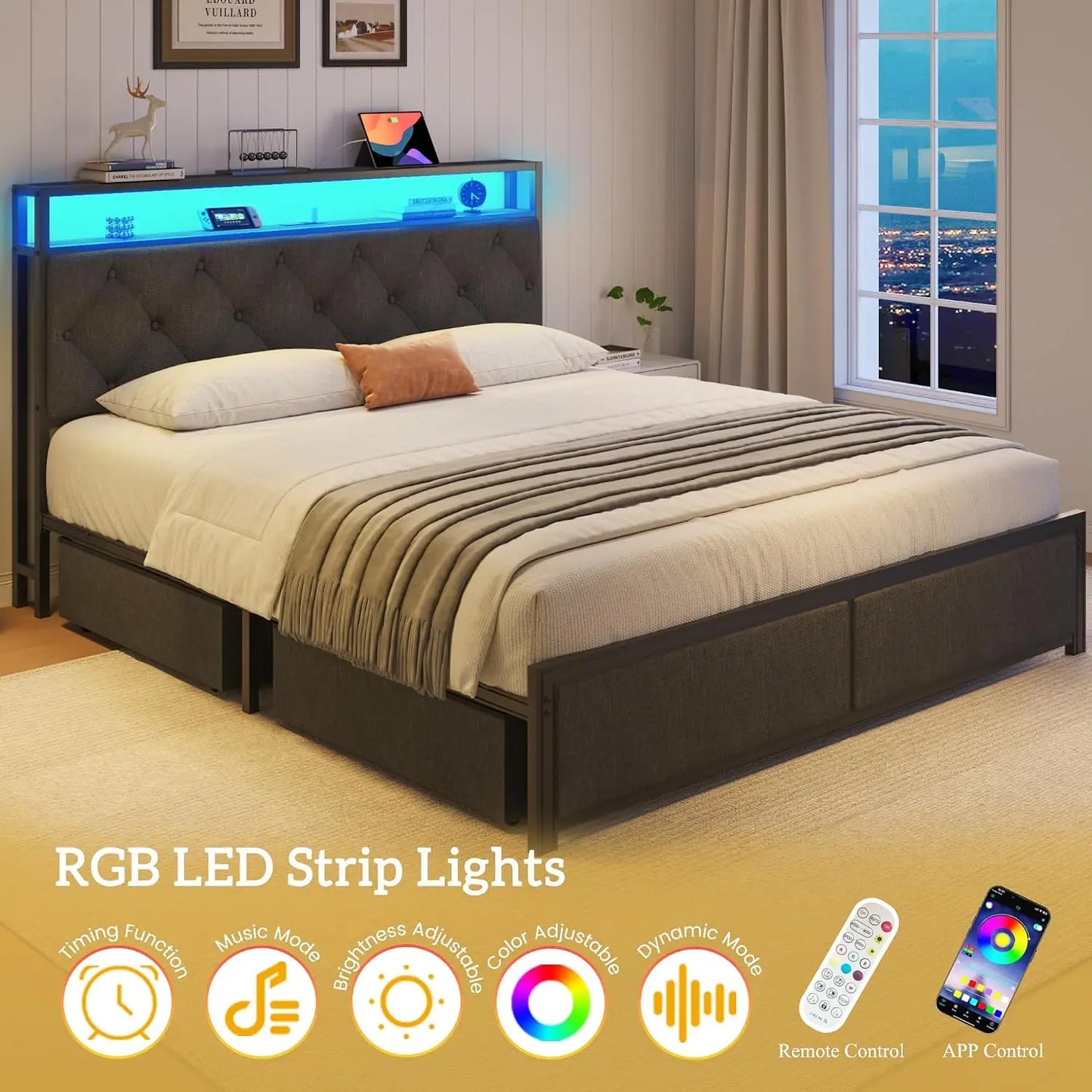 Modern Upholstered Bed Frame With Integrated Led Charging Port
