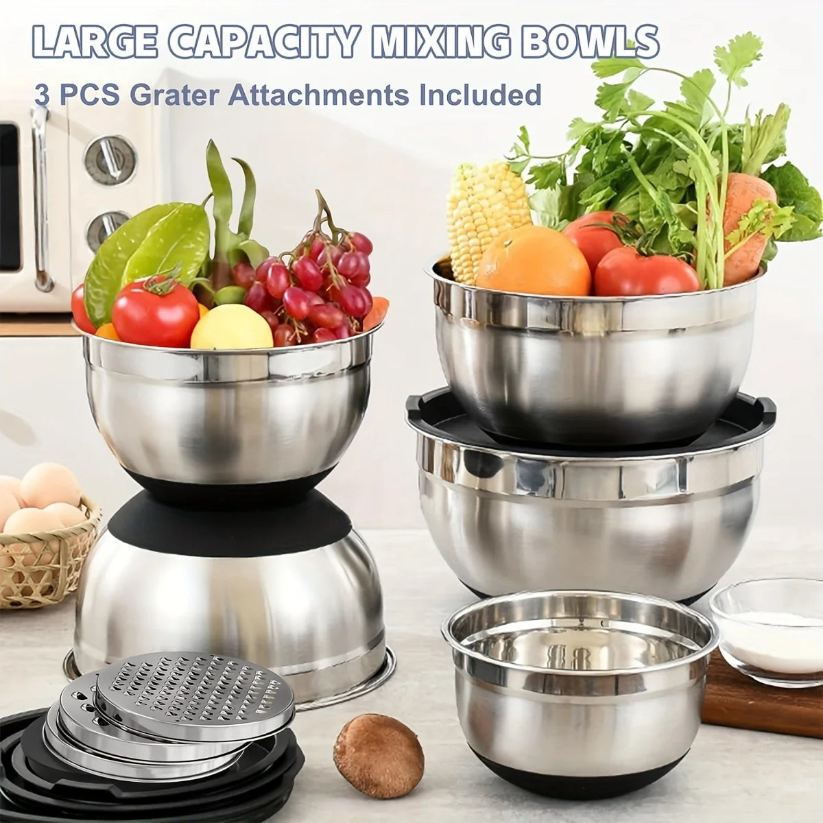 8PCS Stainless Steel Mixing Bowl Set with Airtight Lids Black Kitchen Bowls for Baking and Serving