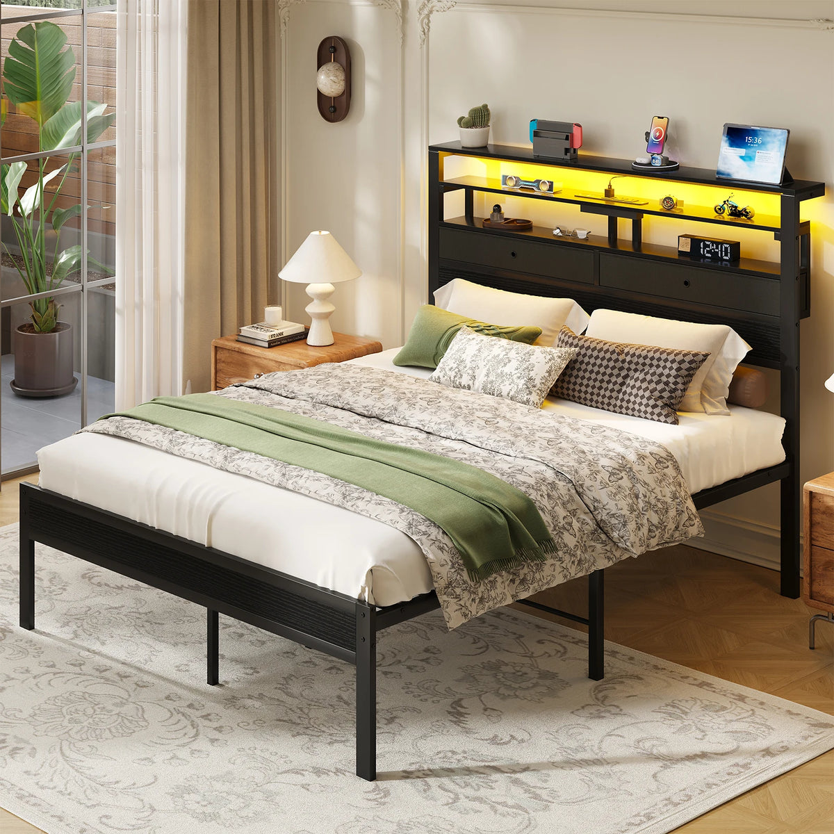 Metal Platform Bed Frame With Integrated Storage Led Headboard