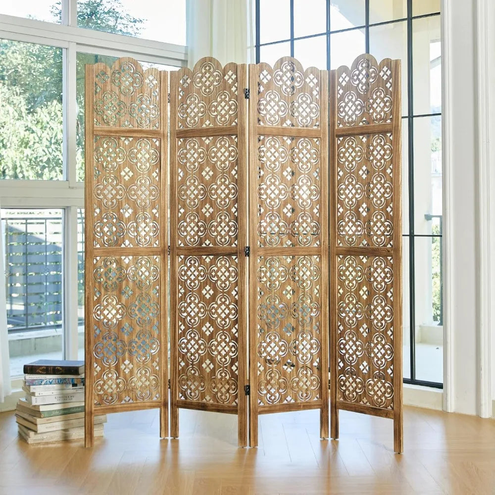 Folding Room Divider, 4 Panels Wood Carved Privacy Screens - Ideal Decorative Partition for Home, Office, Restaurant, B