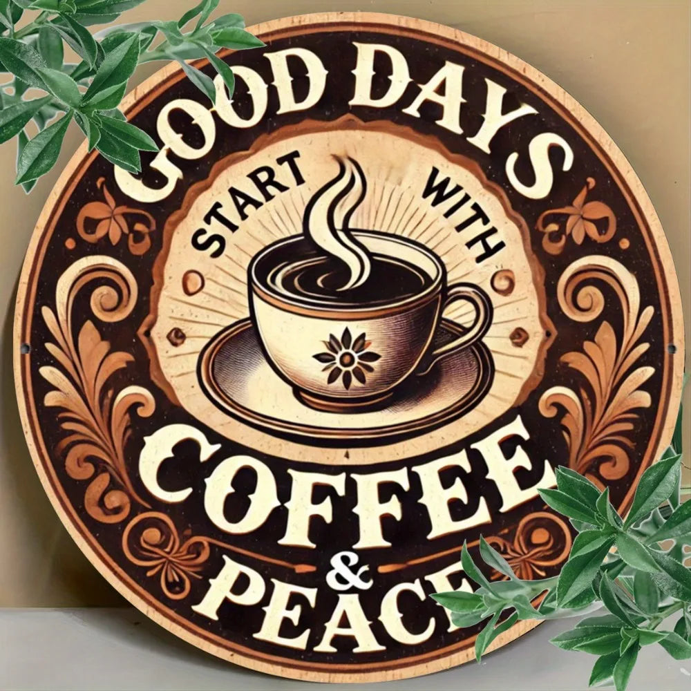 "Good Days Start with Coffee & Peace" Round Metal Wall Sign, Waterproof Rustproof Decor for Bar Cafe Kitchen - 8"