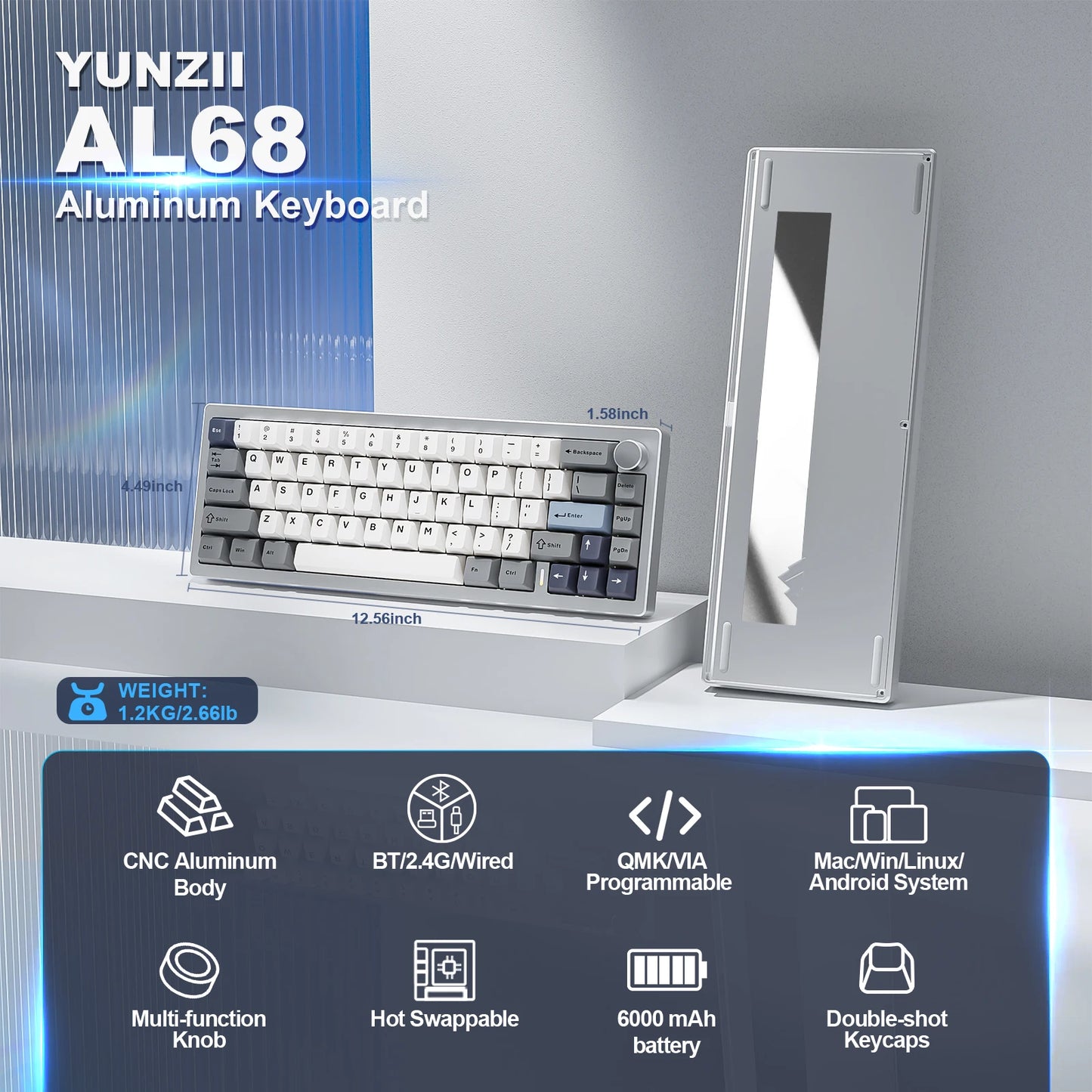 YUNZII AL68 Silver Wireless Custom Mechanical Keyboard