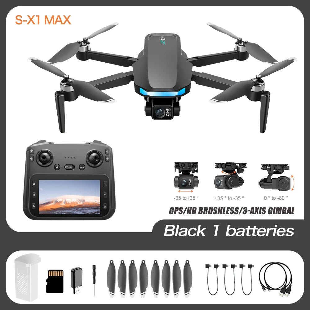 S-X1 MAX GPS Drone Professional 4K Camera 3-axis Gimbal Aerial FPV Brushless Security Drone with Large Screen Control Quadcopter