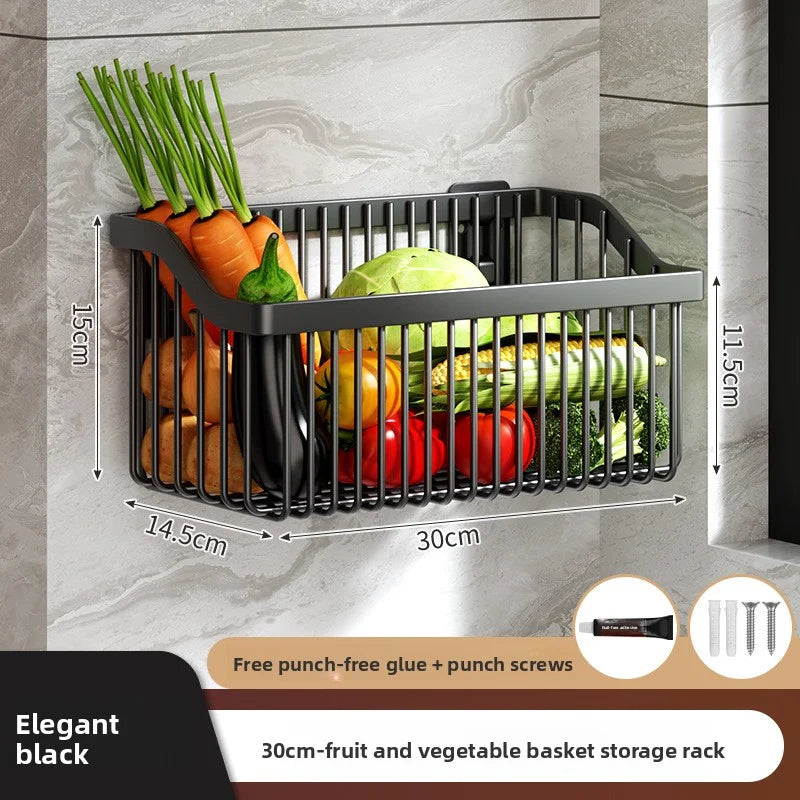 AOBT No-Drill Multifunctional Wall-Mounted Spice Rack Kitchen Storage Organizer Salt Seasoning Jar Vegetable Basket Rack