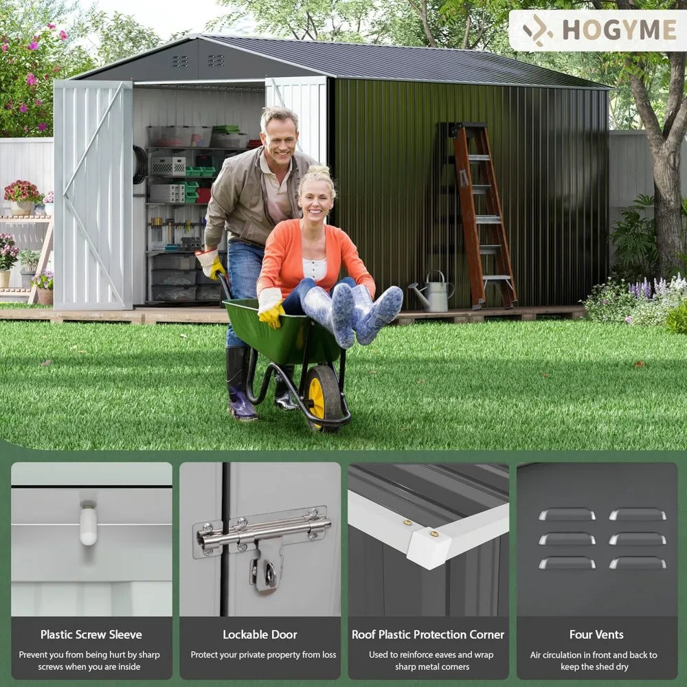 8 x 12 FT Outdoor Storage Shed, Large Metal Tool Shed Grey