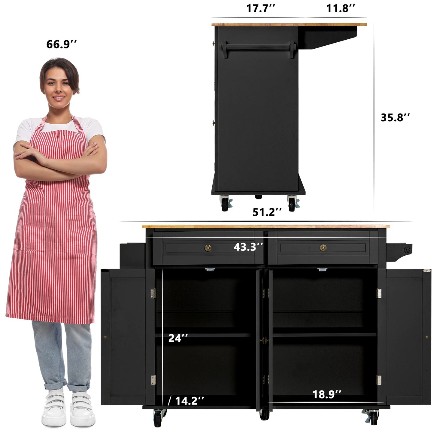 Rolling Kitchen Cart with Drop Leaf Mobile Island Table