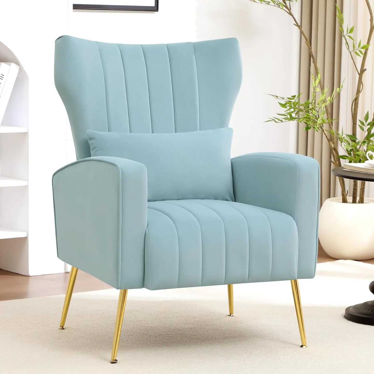 Beige Wingback Armchair Upholstered Reading Chair Bedroom Living Room Small Spaces with Pillow Customized