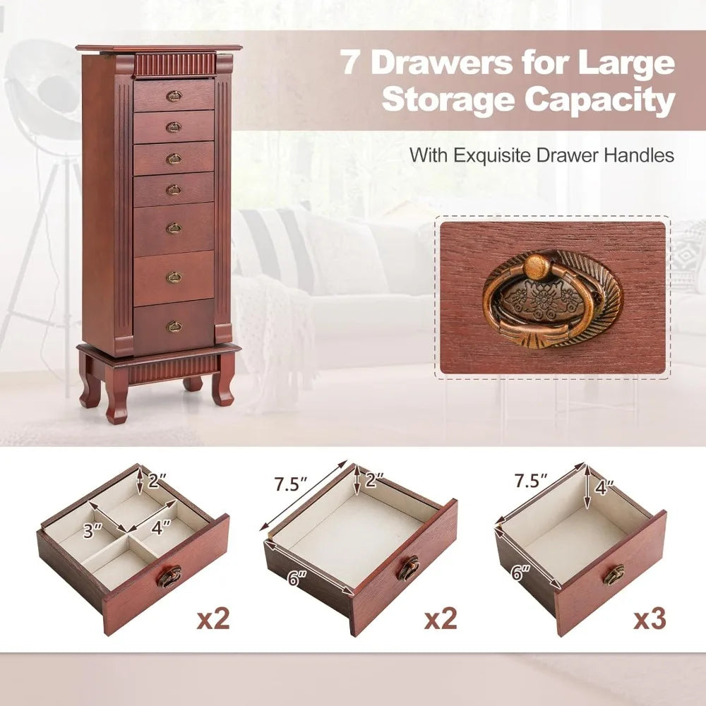 Standing Jewelry Armoire Cabinet Storage Chest with Seven Drawers Two Side Doors Twelve Necklace Hooks Makeup Mirror and Top Divided Compartment