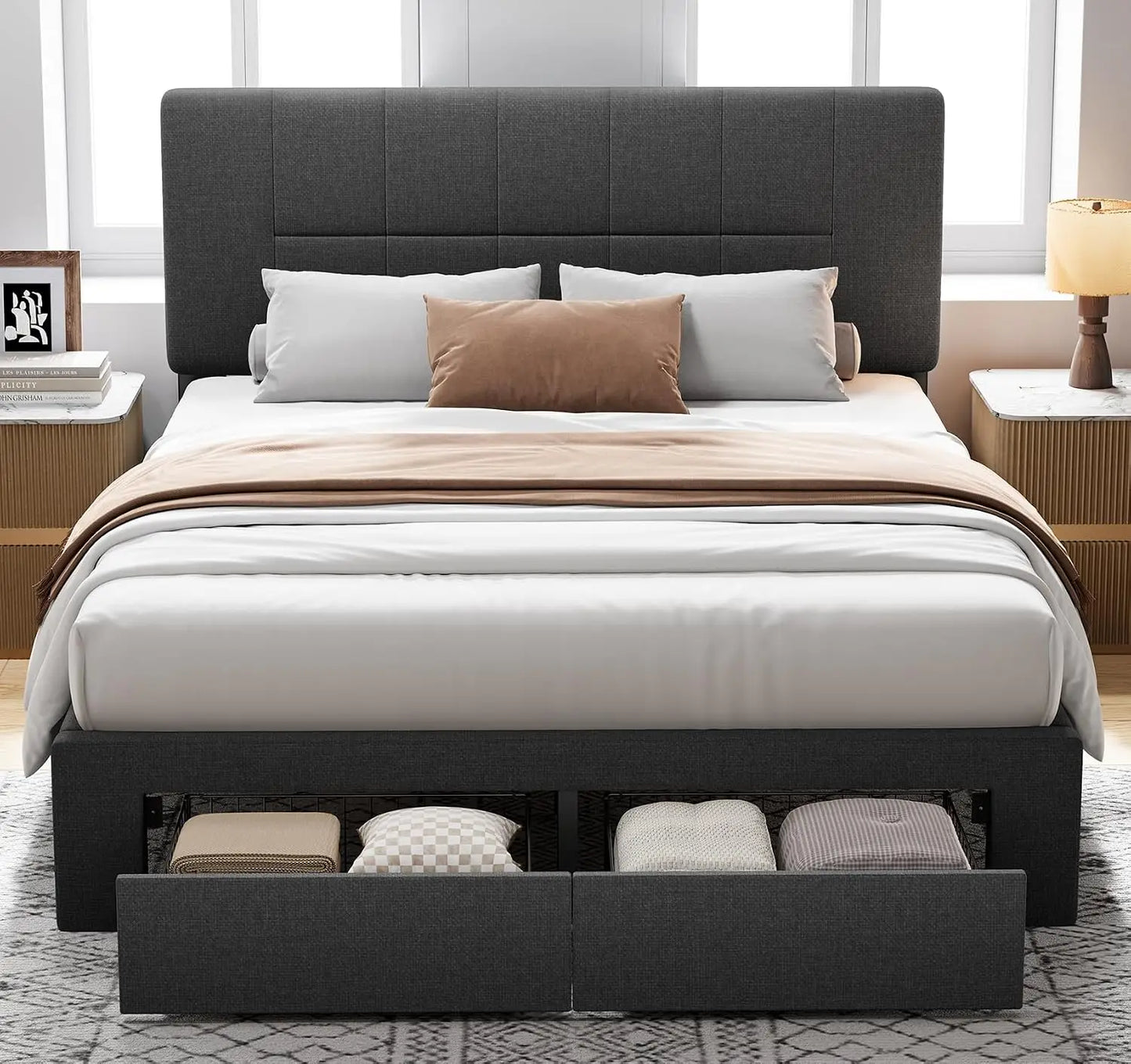 Full Size Solid Wood Platform Bed Upholstered Headboard 2 Storage Drawers 12 Sturdy Legs Fit 6"+ Mattress, Custom