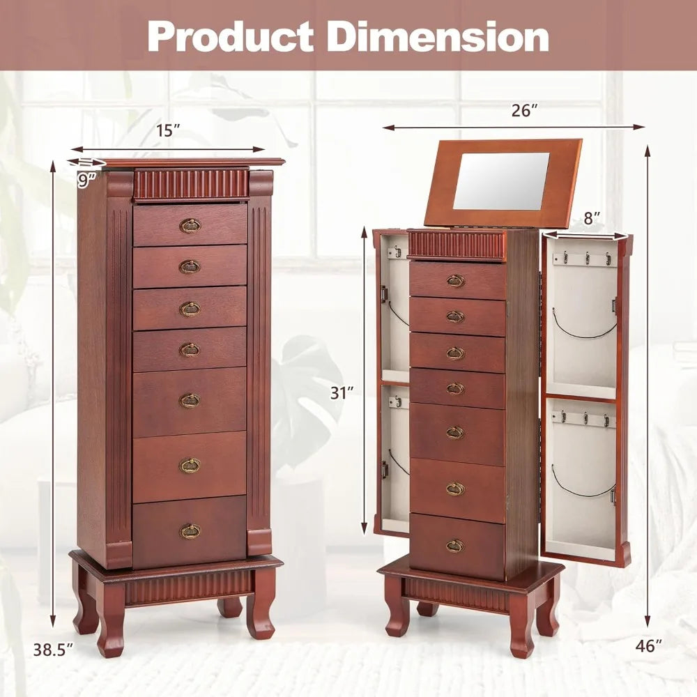 Standing Jewelry Armoire Cabinet Storage Chest with Seven Drawers Two Side Doors Twelve Necklace Hooks Makeup Mirror and Top Divided Compartment
