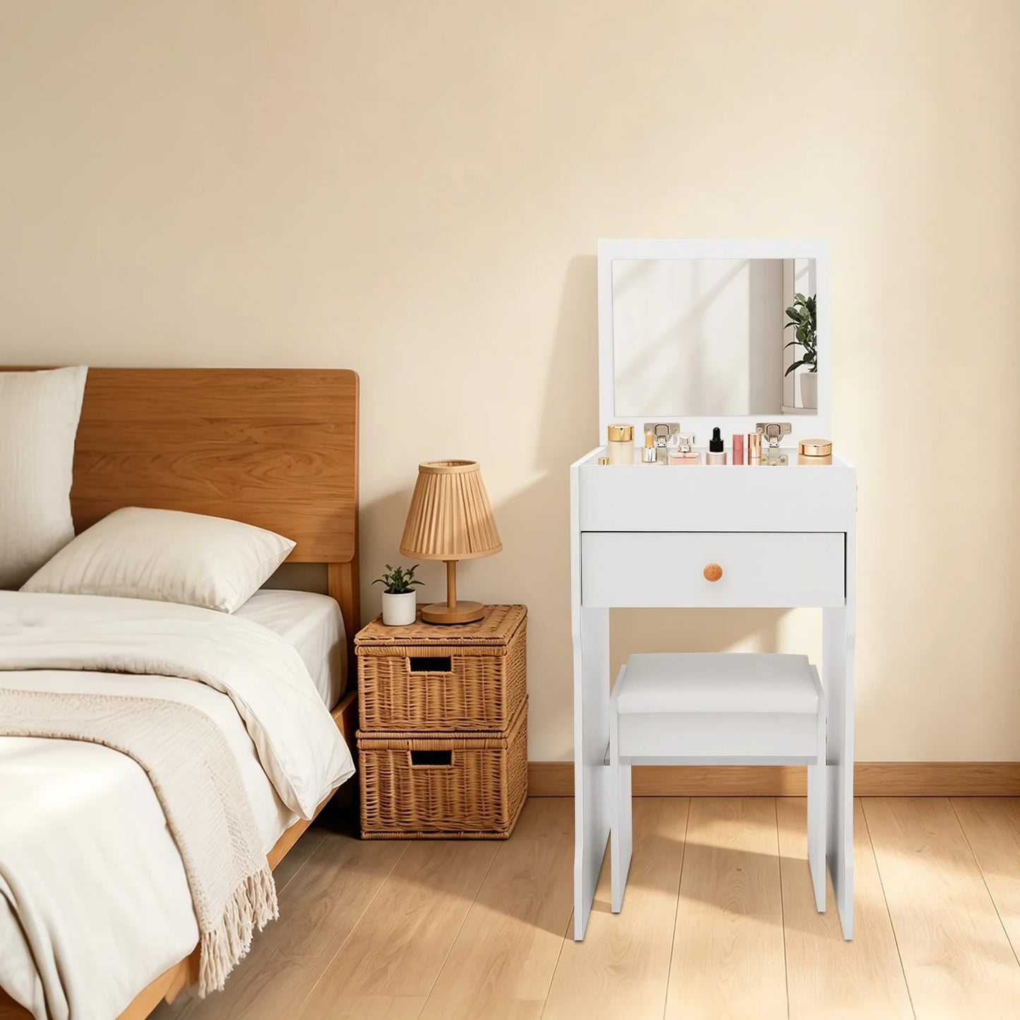 Vanity Dressing Table with Mirror and Stool 15.8" White Compact Storage Desk for Bedroom Dormitory Studio Apartment
