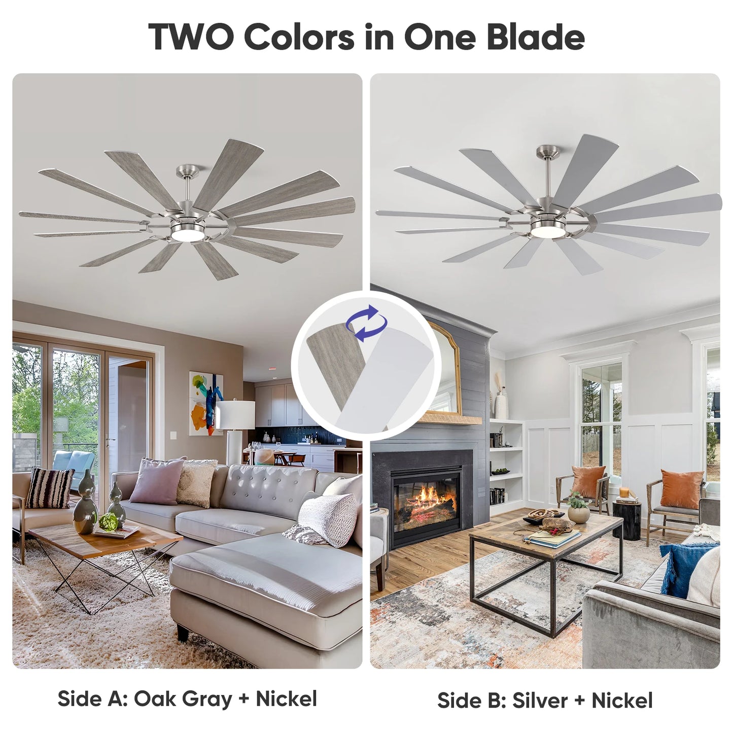 62/72in Industrial Ceiling Fan with Light & Remote Dual-finish Blades Quiet Reversible DC Fan High CFM Energy Efficient 3CCT LED