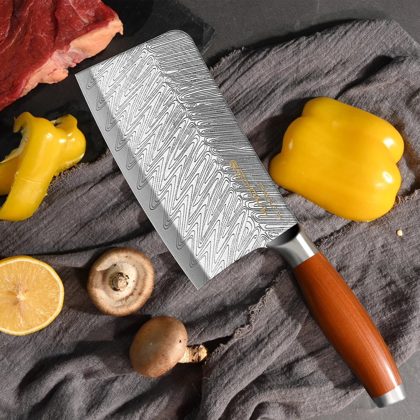 3-Piece Japanese Professional Kitchen Knife Set - Damascus Steel Pattern Chef Knife Utility Knife Meat Cleaver Boning Knife