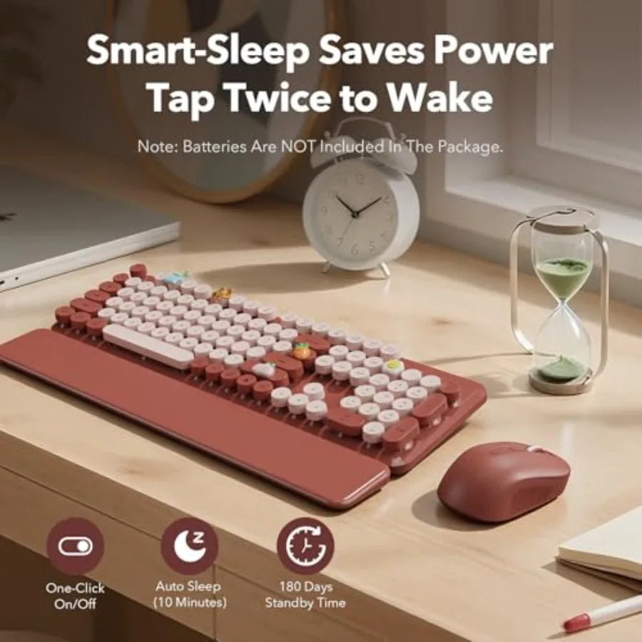 Wireless Keyboard and Mouse Combo Wine Red Retro Typewriter-Style Keyboard with Round Keycaps and Magnetic Wrist Rest 2.4G USB