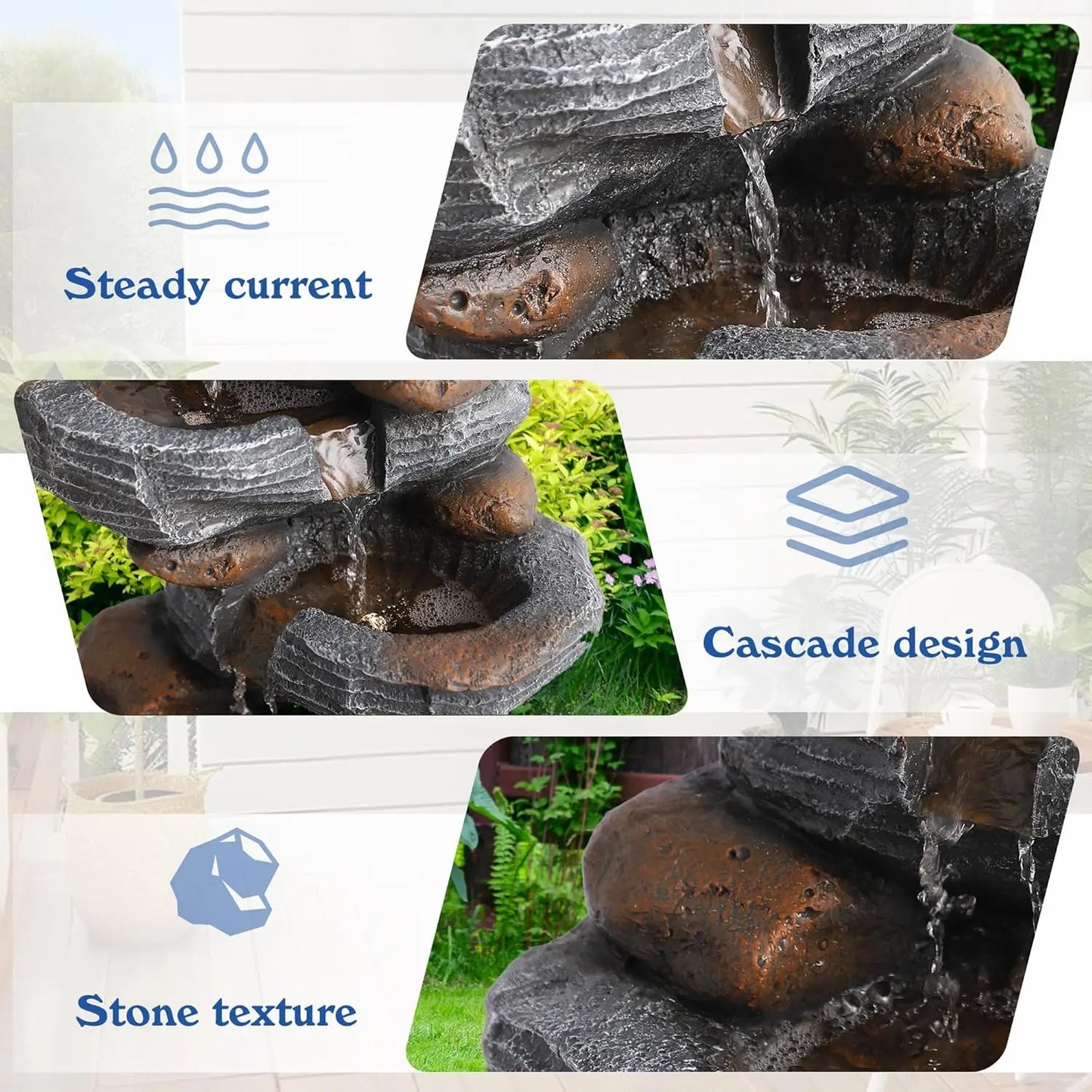 5-Tiers Cascading Rock Water Fountain Outdoor - Waterfalls Fountains with LED Lights, Outdoor/Indoor Resin Water Feature Fountai
