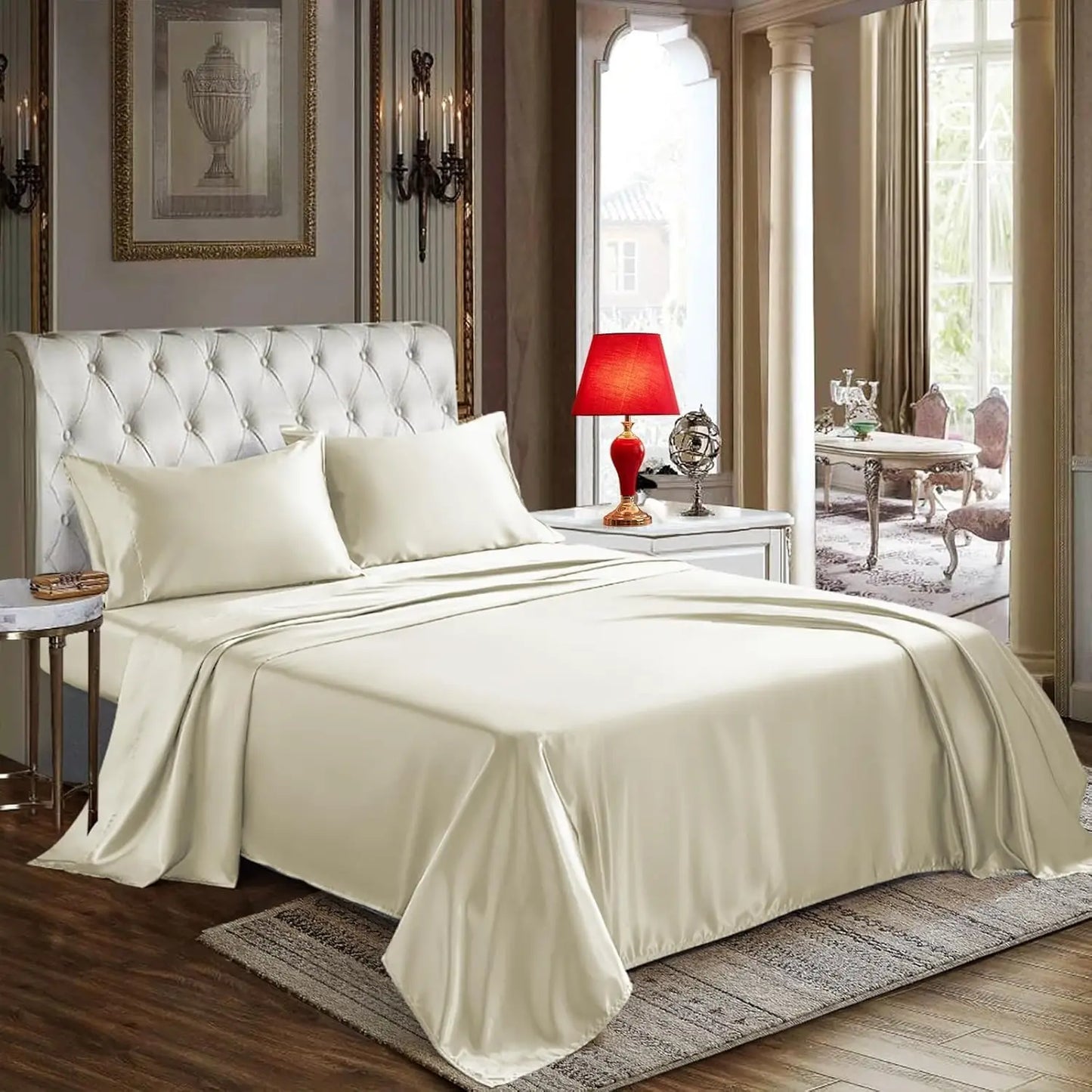 Satin Sheets Queen Size 4 Piece Bed Sheet Set with Silky Deep Pocket Fitted Sheet Flat Sheet and 2 Pillowcases