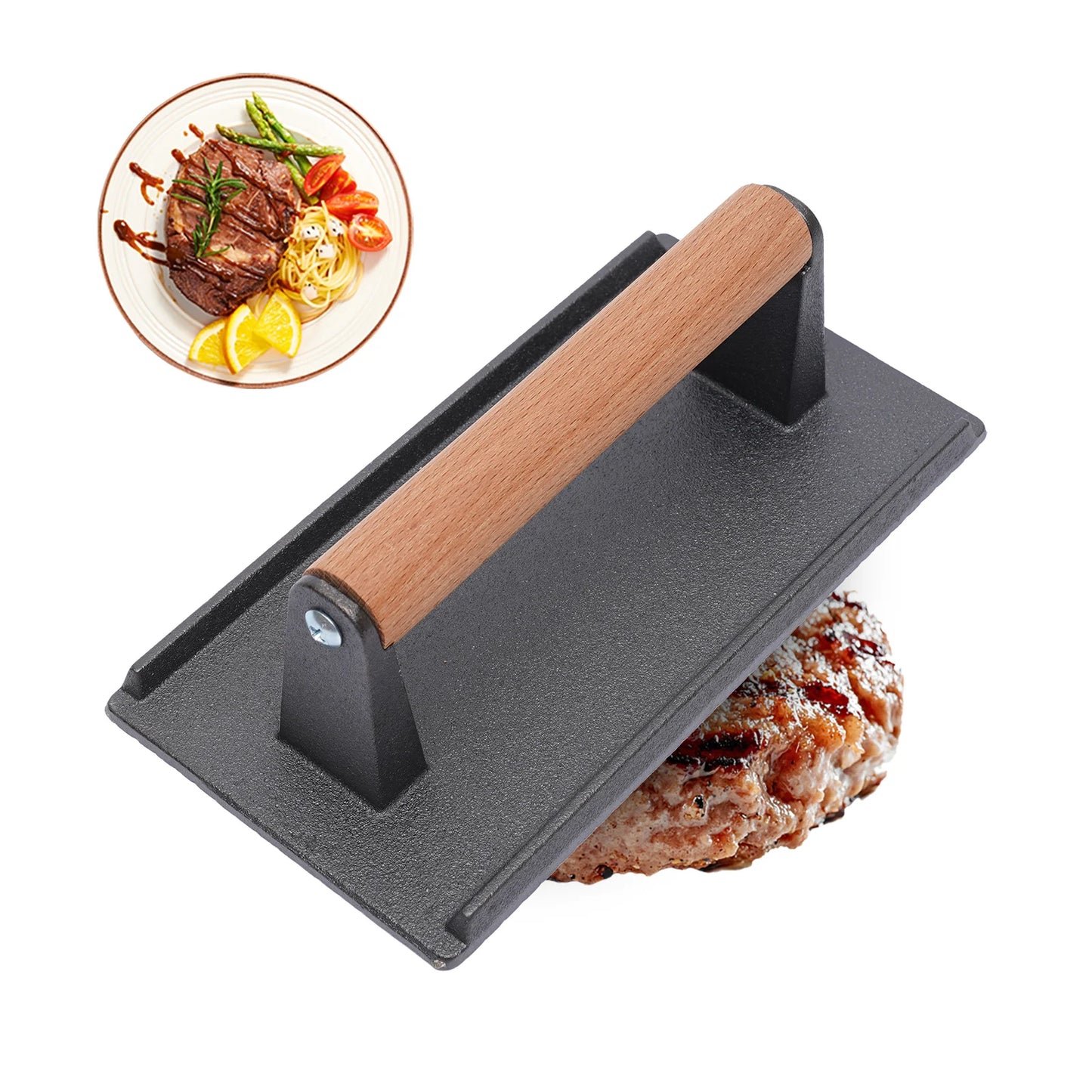 Kitchen Heavy Cast Iron Grill Press With Wooden Handle