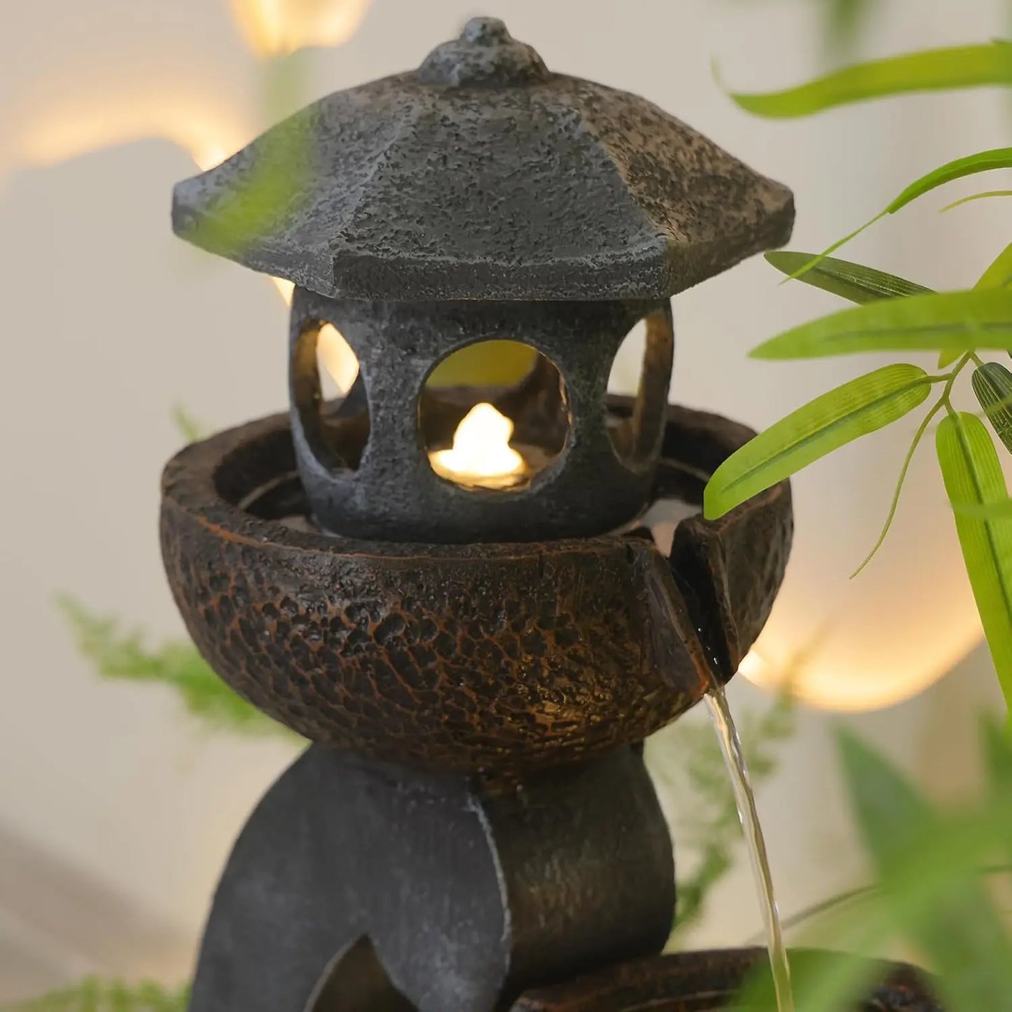 Water Fountain Outdoor Zen Feature - Garden Tranquil Pagoda Waterfalls Fountains Bowl with LED Lights & Pump for Patio Yard Porc