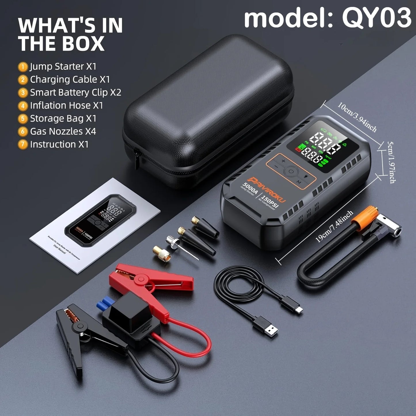 6-in-1 Jump Starter with Air Compressor, 150PSI Air Pump for Car Tires, 5000A Peak Jump Starter Portable Power Bank