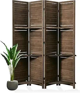 Room Divider with Shelves, 5.6 Ft Tall Folding Wood Screen