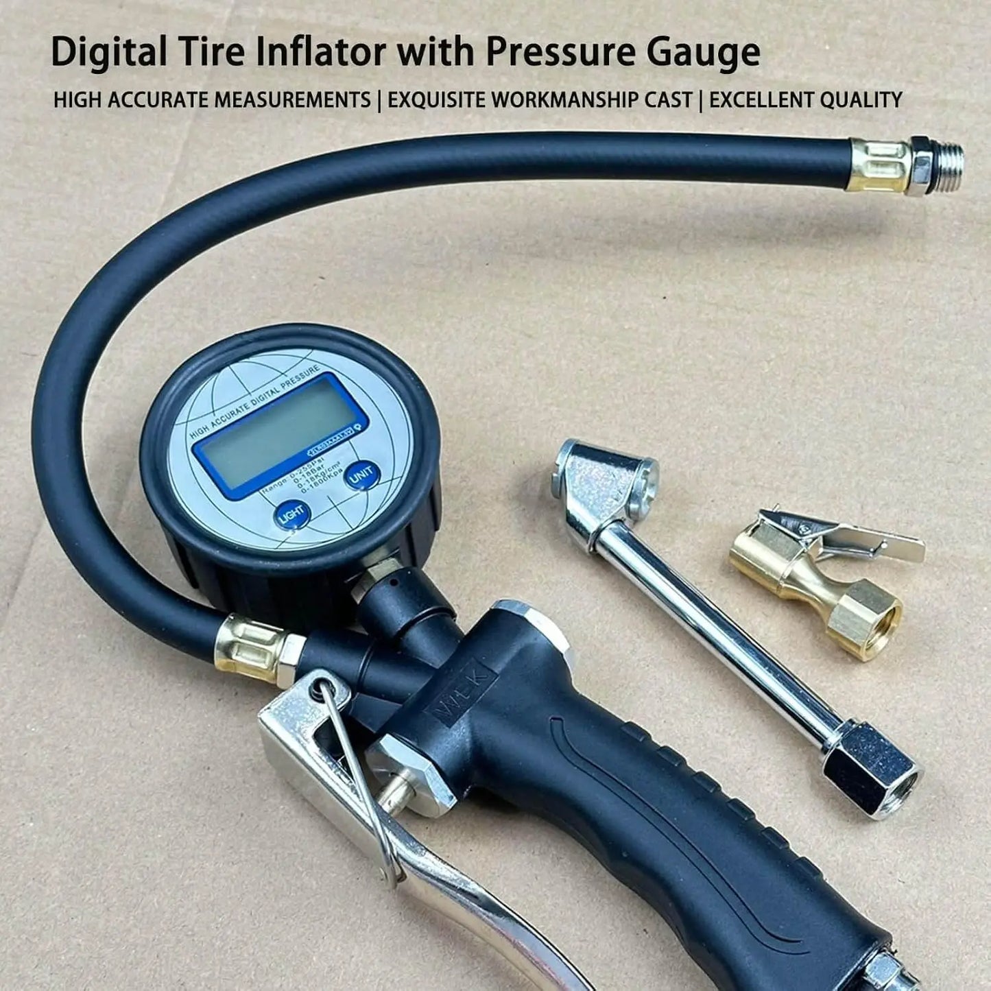 Digital Tire Inflator with Pressure Gauge,255 PSI Air Chuck, Heavy Duty, 0.1 Display Resolution, Car Accessories, Includes Defla