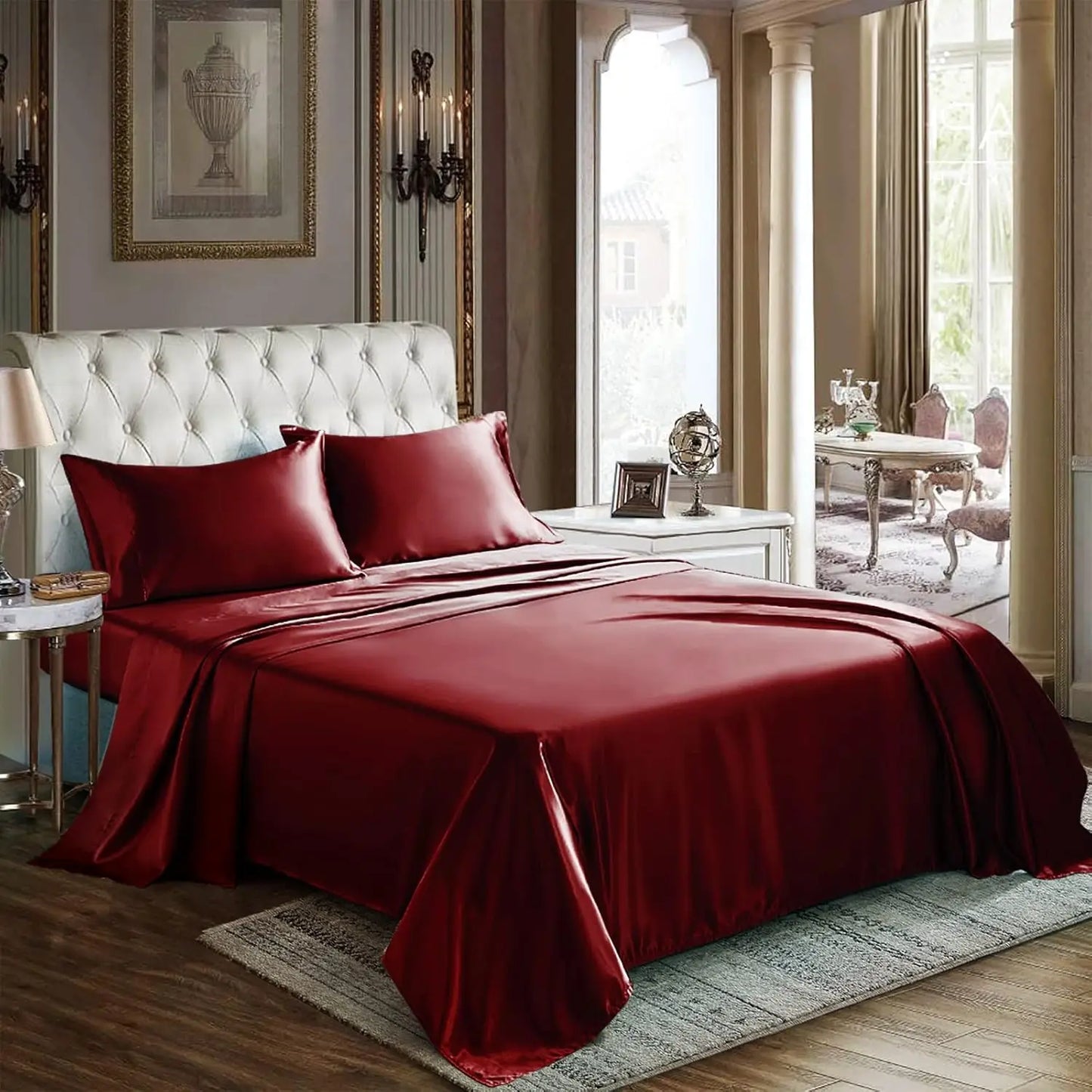 Satin Sheets Queen Size 4 Piece Bed Sheet Set with Silky Deep Pocket Fitted Sheet Flat Sheet and 2 Pillowcases