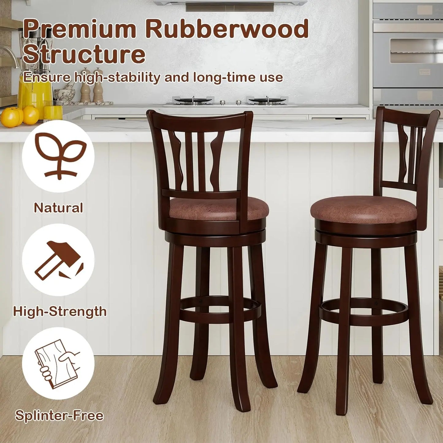 Swivel Bar Stools With Backrest And Faux Leather Seats