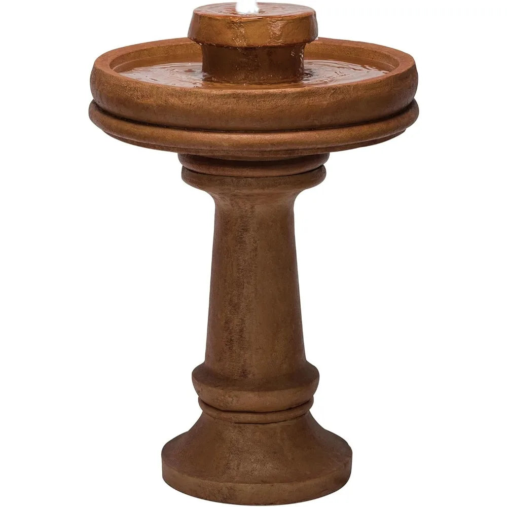Outdoor Floor Vintage Pedestal Water Fountain with Bird Bath and LED Lights, 29, Brown