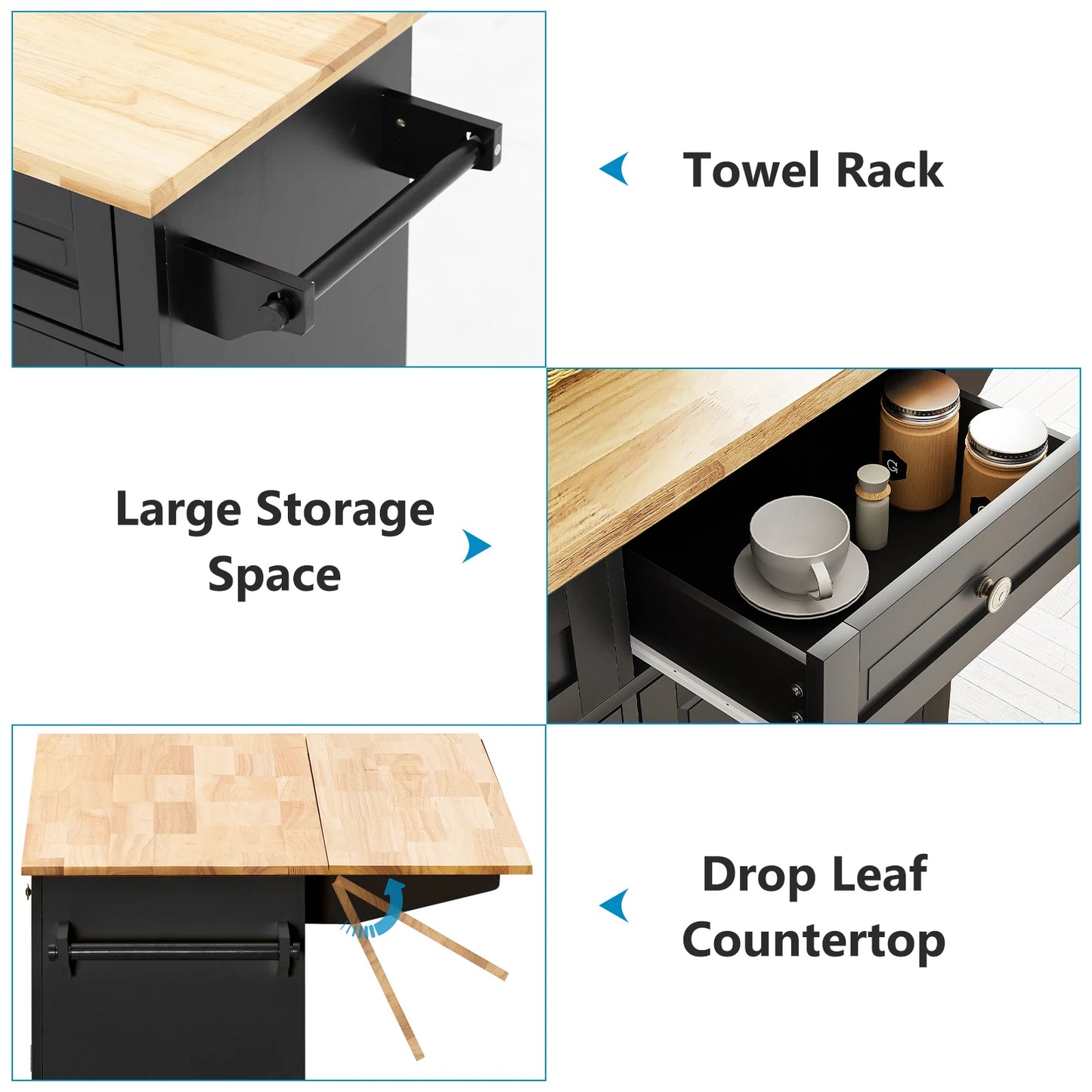 Rolling Kitchen Cart with Drop Leaf Mobile Island Table