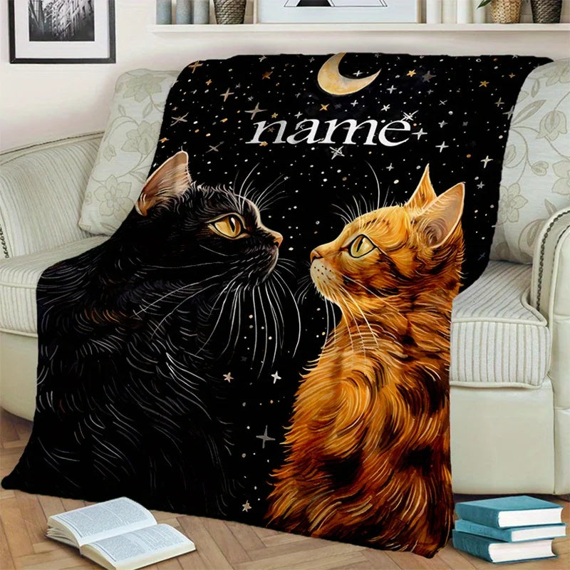 A personalized polyester flannel blanket with customizable names, featuring black and orange cats, thick weaving, all season sof