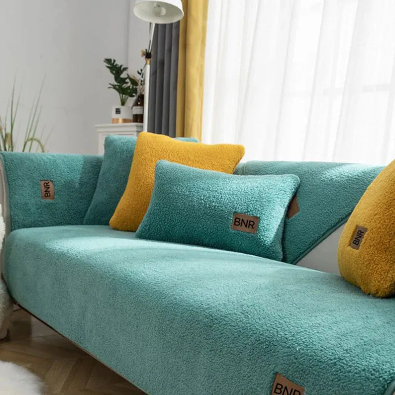 Solid Color Lamb Wool Anti Cat Scratch Sofa Cover Sofa Towel Living Room Anti Slip Dust Cover Warm Cushion Couch Protector